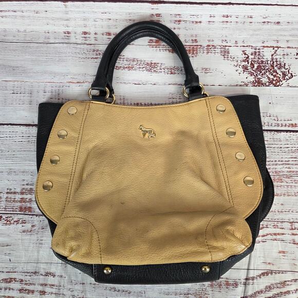 Emma Fox Black Tan Leather Top Dual Handle Satchel Purse Timeless Designer Bag - Picture 2 of 13